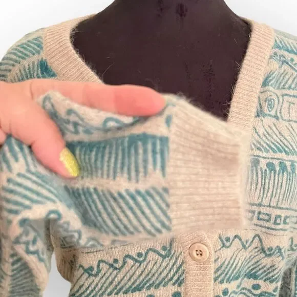 Stussy Vintage Women's Teal & Tan Angora & Wool Blend Cardigan Sweater Size M - Picture 8 of 12